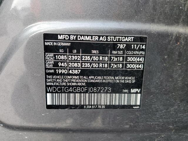 WDCTG4GB0FJ087273 - 2015 MERCEDES-BENZ GLA 250 4M BLACK photo 12