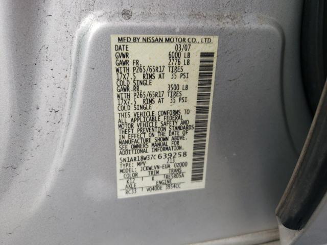 5N1AR18W37C639258 - 2007 NISSAN PATHFINDER SILVER photo 13