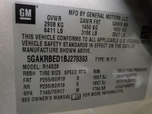 5GAKRBED1BJ278393 - 2011 BUICK ENCLAVE CX SILVER photo 13