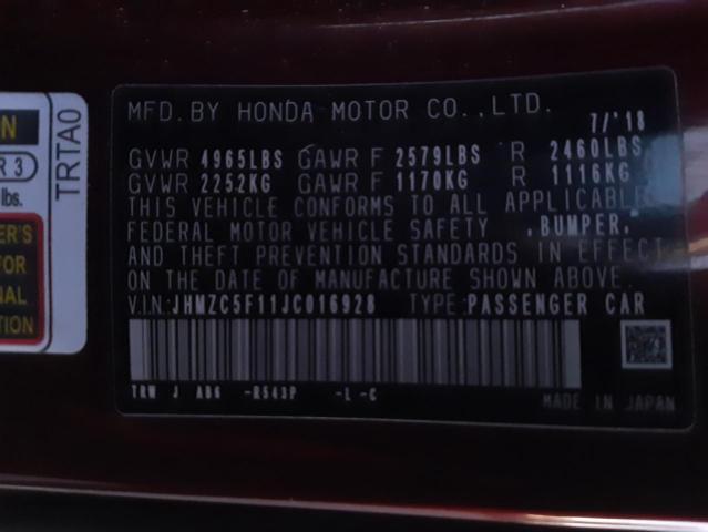 JHMZC5F11JC016928 - 2018 HONDA CLARITY MAROON photo 12