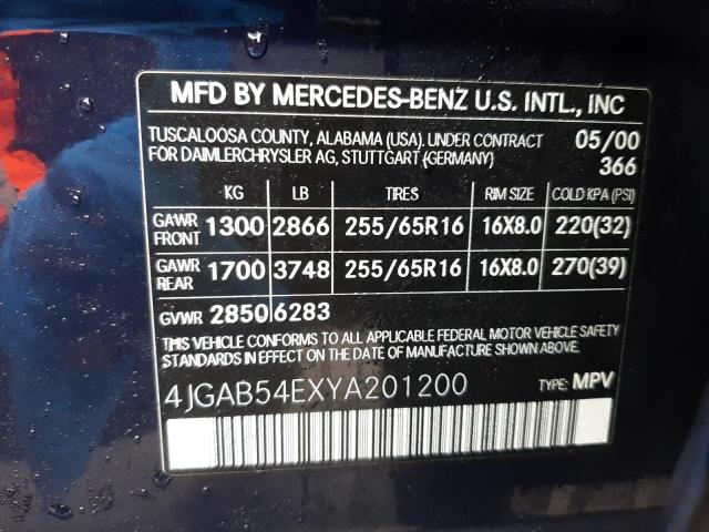 4JGAB54EXYA201200 - 2000 MERCEDES-BENZ ML 320 BLUE photo 13