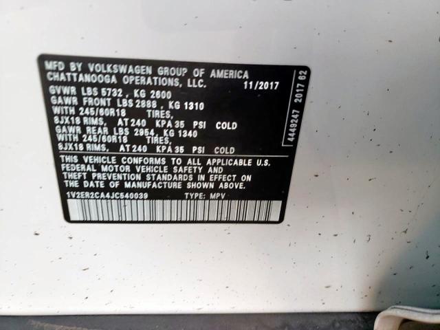 1V2ER2CA4JC540039 - 2018 VOLKSWAGEN ATLAS SEL Ağ foto 10