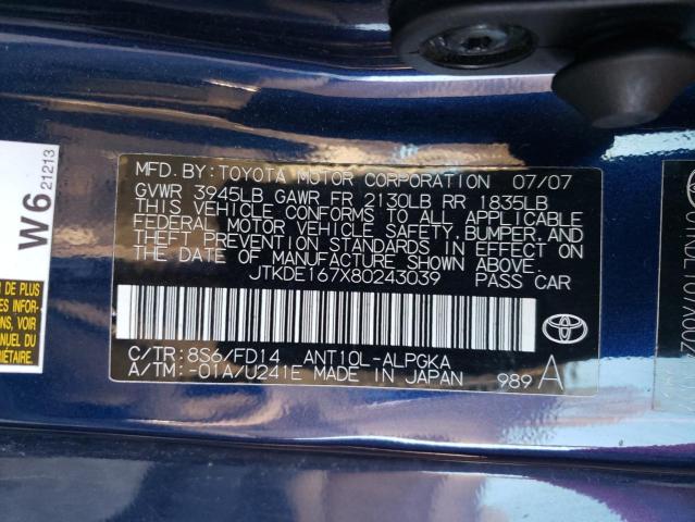 JTKDE167X80243039 - 2008 TOYOTA SCION TC 蓝色 照片 12