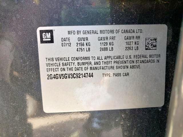 2G4GV5GV3C9214744 - 2012 BUICK REGAL GS Графитовый фото 10