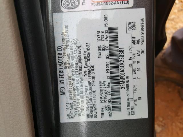 3FAHP0JA3CR250381 - 2012 FORD FUSION SEL  photo 10