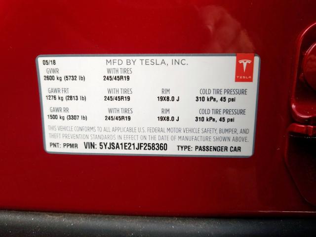 5YJSA1E21JF258360 - 2018 TESLA MODEL S  լուսանկար 10