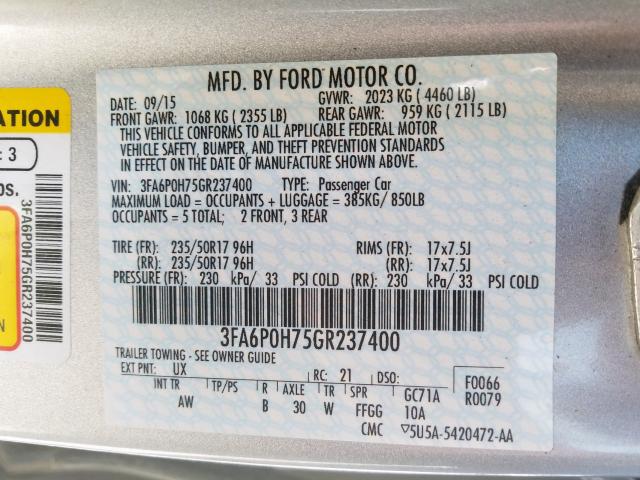 3FA6P0H75GR237400 - 2016 FORD FUSION SE  photo 10