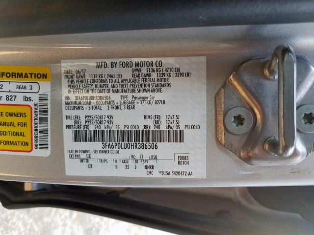 3FA6P0LU0HR386506 - 2017 FORD FUSION SE HYBRID  photo 10