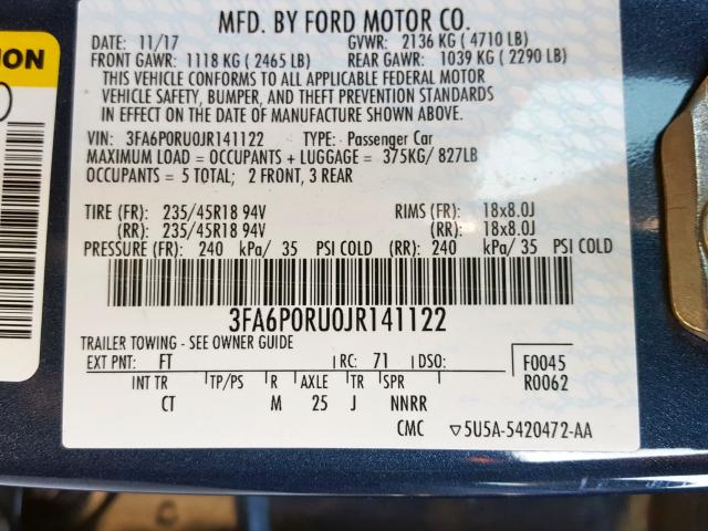 3FA6P0RU0JR141122 - 2018 FORD FUSION TITANIUM/PLATINUM HEV  photo 10