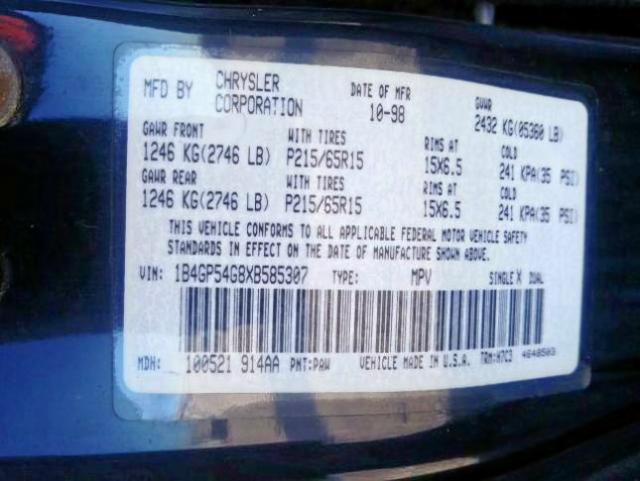 1B4GP54G8XB585307 - 1999 DODGE GRAND CARAVAN LE  photo 10