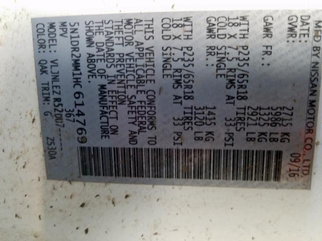 5N1DR2MM1HC614769 - 2017 NISSAN PATHFINDER S  照片 10