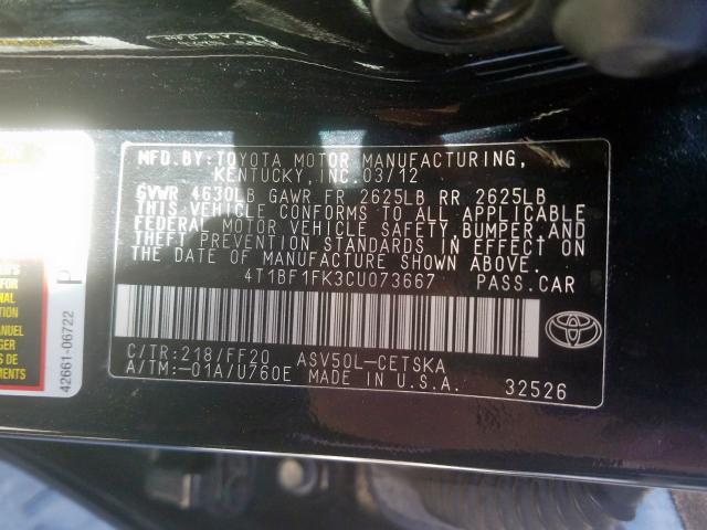 4T1BF1FK3CU073667 - 2012 TOYOTA CAMRY BASE  photo 10