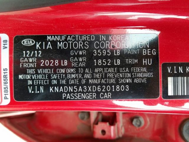 KNADN5A3XD6201803 - 2013 KIA RIO EX  photo 10