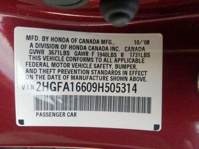 2HGFA16609H505314 - 2009 HONDA CIVIC LX-S  照片 10
