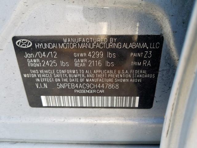 5NPEB4AC9CH447868 - 2012 HYUNDAI SONATA GLS  photo 10