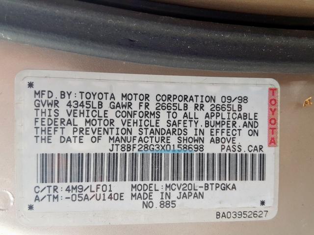 JT8BF28G3X0158698 - 1999 LEXUS ES 300  photo 10