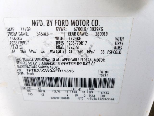 1FTEX1CW0AFB11315 - 2010 FORD F150 SUPER CAB  photo 10