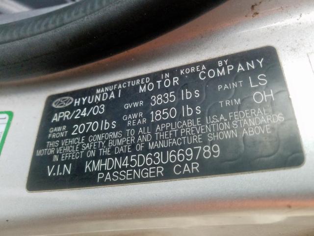 KMHDN45D63U669789 - 2003 HYUNDAI ELANTRA GLS  photo 10