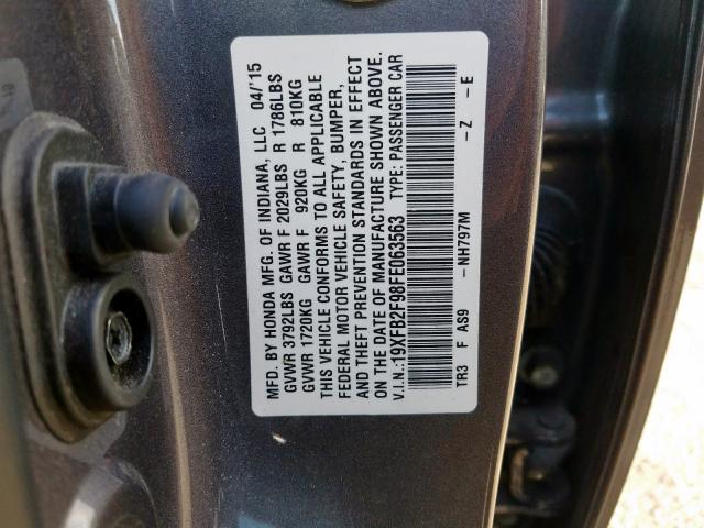 19XFB2F98FE063563 - 2015 HONDA CIVIC EXL 灰色 照片 10