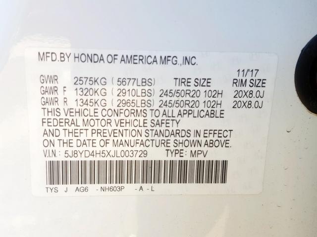 5J8YD4H5XJL003729 - 2018 ACURA MDX TECHNOLOGY  photo 10