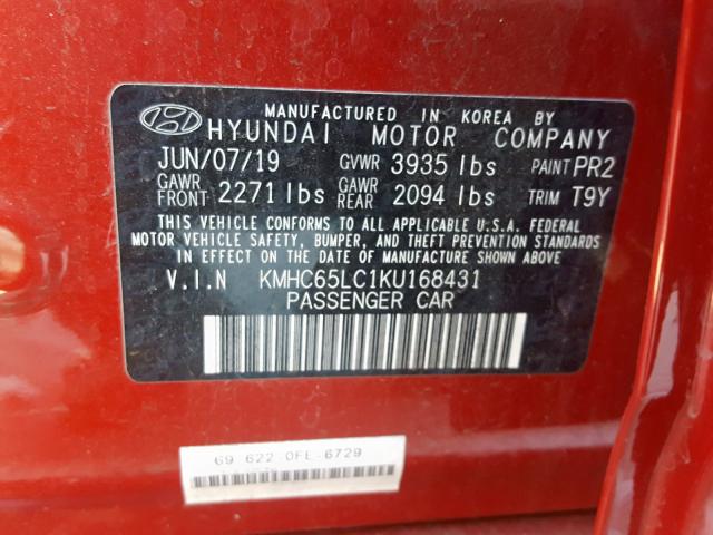 KMHC65LC1KU168431 - 2019 HYUNDAI IONIQ BLUE  photo 10