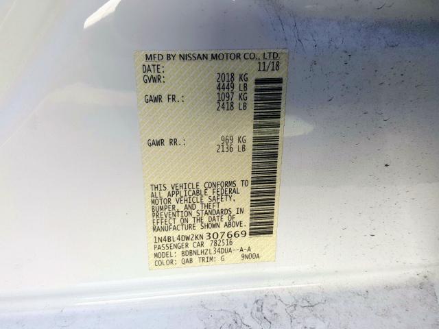 1N4BL4DW2KN307669 - 2019 NISSAN ALTIMA SV  photo 10