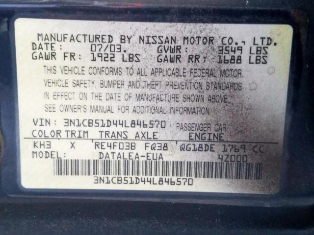 3N1CB51D44L846570 - 2004 NISSAN SENTRA 1.8 BLACK photo 10