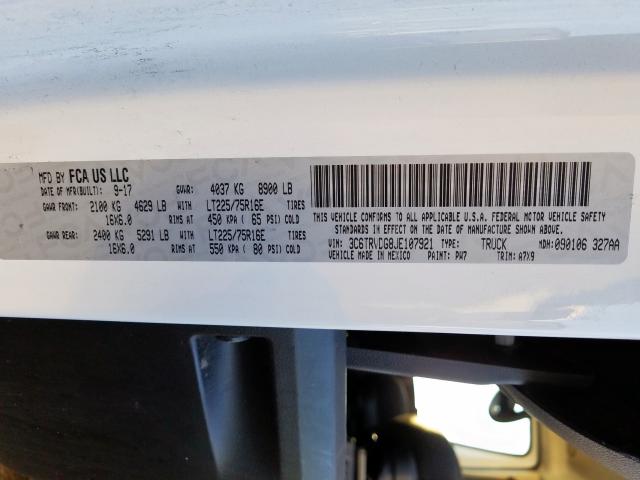 3C6TRVDG8JE107921 - 2018 RAM PROMASTER 2500 2500 HIGH  photo 10