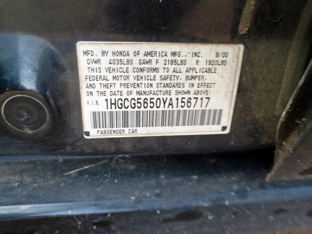 1HGCG5650YA156717 - 2000 HONDA ACCORD EX  photo 10