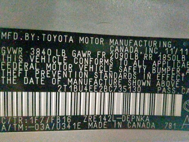 2T1BU4EE2BC735130 - 2011 TOYOTA COROLLA BASE  photo 10