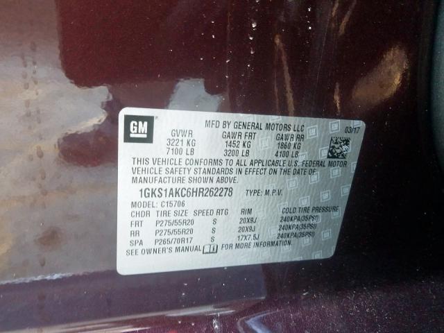 1GKS1AKC6HR262278 - 2017 GMC YUKON SLE  photo 10