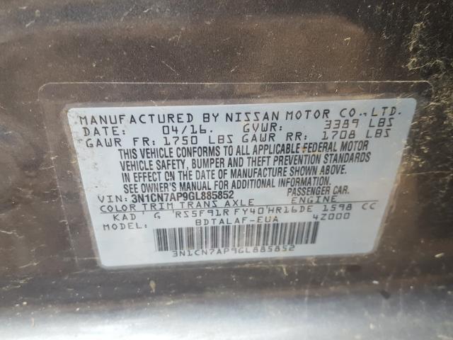 3N1CN7AP9GL885852 - 2016 NISSAN VERSA S  photo 10