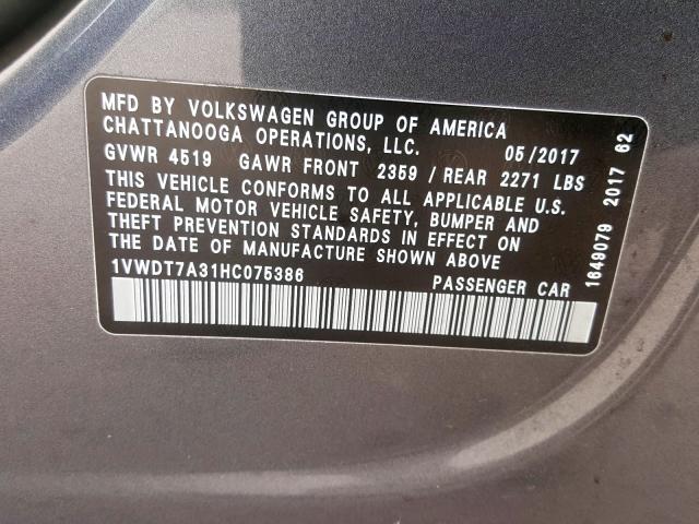 1VWDT7A31HC075386 - 2017 VOLKSWAGEN PASSAT R-LINE  foto 10