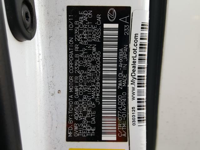 JTHKD5BHXC2060405 - 2012 LEXUS CT 200  photo 10