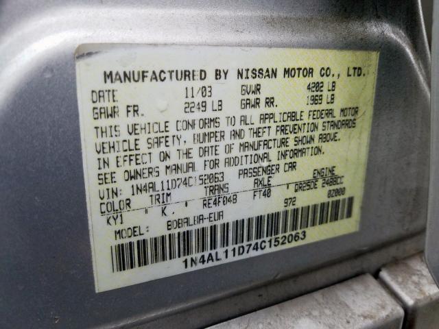 1N4AL11D74C152063 - 2004 NISSAN ALTIMA BASE  photo 10