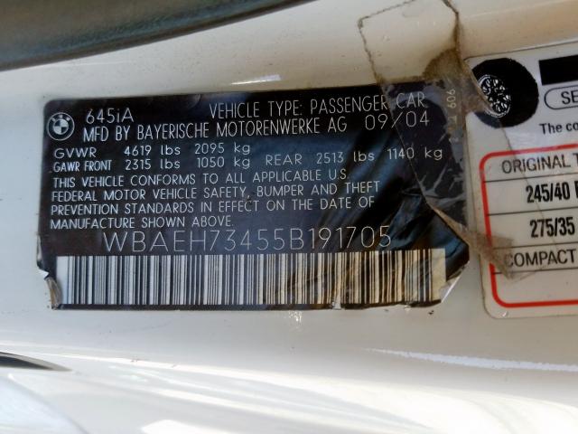 WBAEH73455B191705 - 2005 BMW 645 CI AUTOMATIC  photo 10