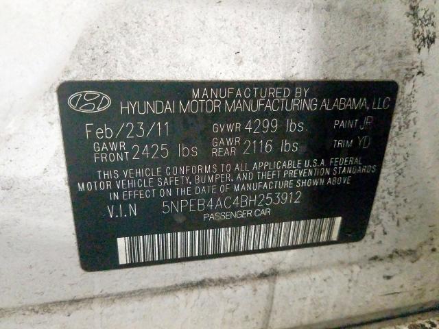 5NPEB4AC4BH253912 - 2011 HYUNDAI SONATA GLS  photo 10