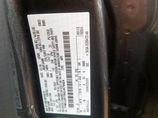 1FMCU0F79KUA79424 - 2019 FORD ESCAPE S  photo 10