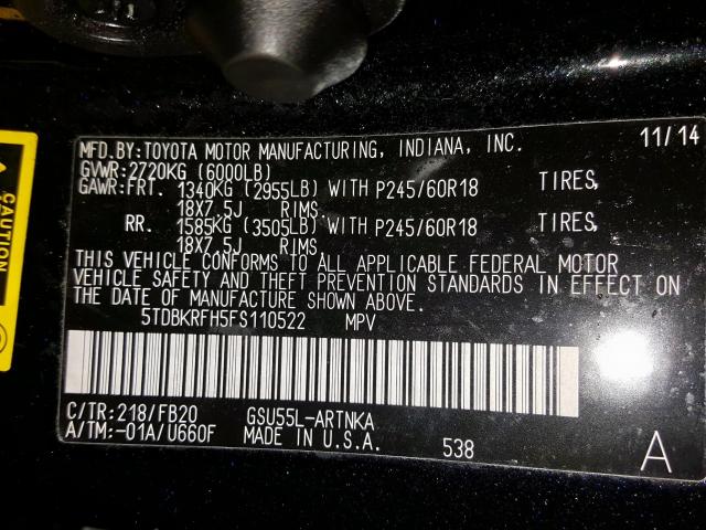 5TDBKRFH5FS110522 - 2015 TOYOTA HIGHLANDER LE  photo 10