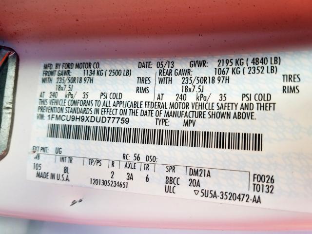 1FMCU9H9XDUD77759 - 2013 FORD ESCAPE SEL  photo 10