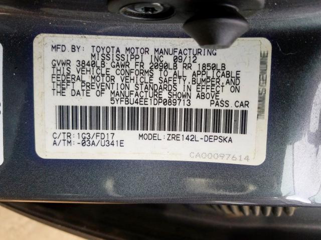 5YFBU4EE1DP089713 - 2013 TOYOTA COROLLA BASE  照片 10