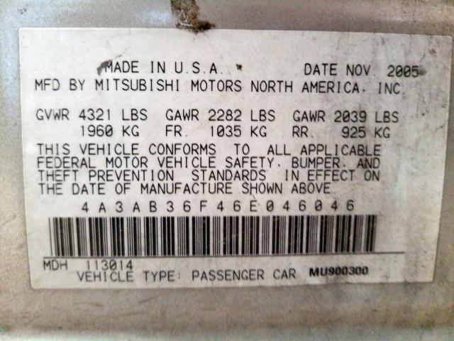 4A3AB36F46E046046 - 2006 MITSUBISHI GALANT ES MEDIUM  photo 10