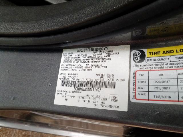 3FAHP0JA0AR111497 - 2010 FORD FUSION SEL  photo 10