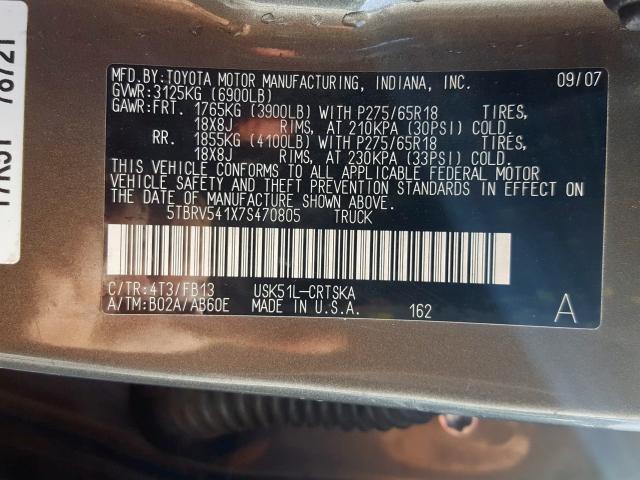 5TBRV541X7S470805 - 2007 TOYOTA TUNDRA DOUBLE CAB SR5  photo 10