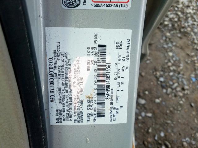 3FAHP08148R216561 - 2008 FORD FUSION SEL  photo 10