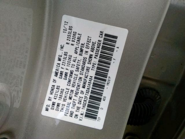 1HGCR2F7XDA049484 - 2013 HONDA ACCORD EX  photo 10