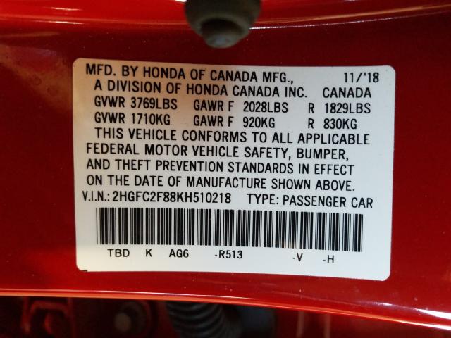 2HGFC2F88KH510218 - 2019 HONDA CIVIC SPORT  照片 10