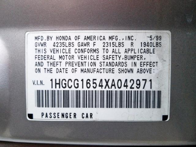 1HGCG1654XA042971 - 1999 HONDA ACCORD EX  photo 10