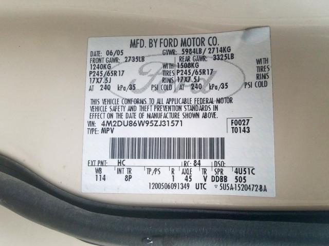 4M2DU86W95ZJ31571 - 2005 MERCURY MOUNTAINEER  photo 10