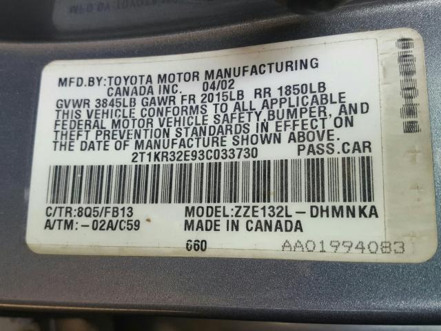 2T1KR32E93C033730 - 2003 TOYOTA COROLLA MATRIX XR  photo 10